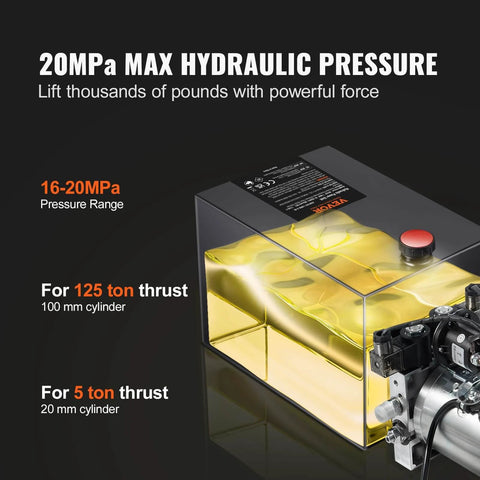 Close-up of 8 Quart Hydraulic Power Unit, Double Acting Dump Trailer Pump with pressure info, DC 12V Hydraulic Pump for Dump Trailer Car Lifting