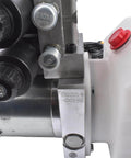 Close-up of Beefy 12V DC Hydraulic Power Unit with 8 Quart Tank, highlighting double acting pump and double solenoid valves