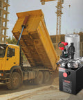 4 Quart DC 12V Hydraulic Power Unit for Dump Trailers With Double Acting Pump, 3200 PSI Max Relief Pressure shown near construction site