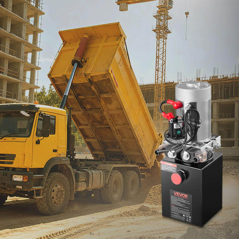 4 Quart DC 12V Hydraulic Power Unit for Dump Trailers With Double Acting Pump, 3200 PSI Max Relief Pressure shown near construction site