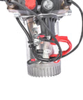 Close-up view of 3200 PSI Hydraulic Power Unit, 12V DC Double Acting Hydraulic Pump with metal oil reservoir and fittings.