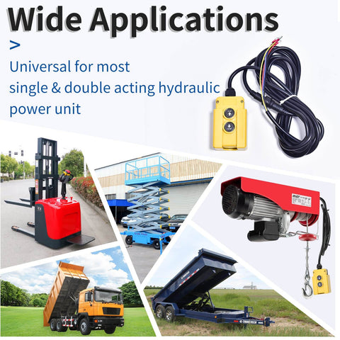 Collage showing 4 Wire Dump Trailer Remote Control Switch Replacement for 12V DC Double Acting Hydraulic Pumps with applications.