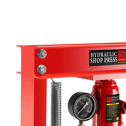 Close-up of red Hydraulic Press, 20 Ton H-Frame Garage Floor Adjustable Shop Press with pressure gauge and spring