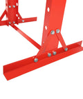 Close-up of the red base of a 20 Ton H-Frame Shop Press, showing carbon steel material, part of the Hydraulic Press with stamping plates.