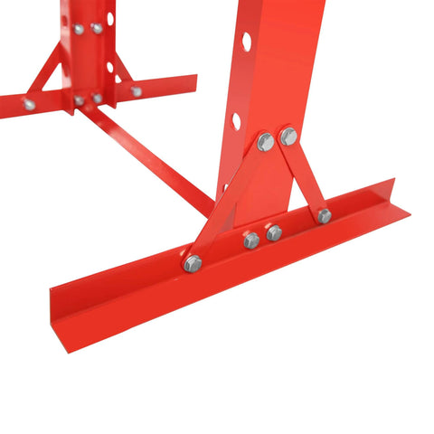 Close-up of the red base of a 20 Ton H-Frame Shop Press, showing carbon steel material, part of the Hydraulic Press with stamping plates.