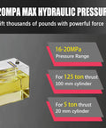 Diagram showing 20MPa hydraulic pressure range from 16-20MPa with thrust options for 100mm and 20mm cylinders.