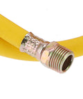 Close-up of a yellow hose with metal connector from the 362 PSI Pressure Test Pump, Hydraulic Manual Water Pressure Tester Kit.