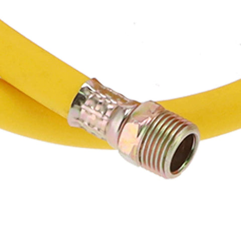 Close-up of a yellow hose with metal connector from the 362 PSI Pressure Test Pump, Hydraulic Manual Water Pressure Tester Kit.