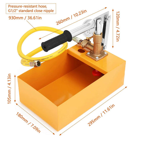 362 PSI Pressure Test Pump, Hydraulic Manual Water Pressure Tester Kit with Gauge, compact brass design, G1/2in outlet view