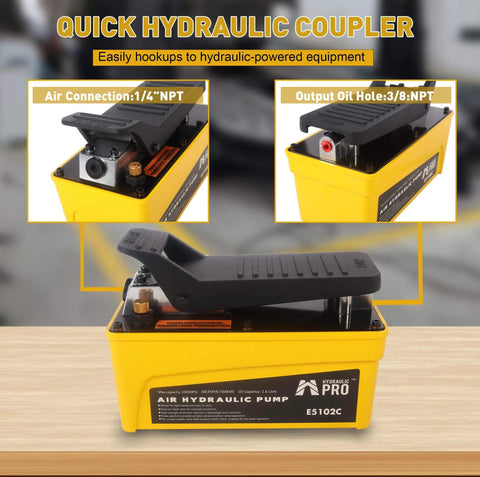 HYDRAULIC PRO 10,000 PSI Air Hydraulic Pump, 1.6L Reservoir, NPT 3/8" Oil Outlet, NPT 1/4" Inlet, Foot Pedal Operated, Yellow