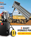 Hydraulic Pump 12V Dump Trailer Pump - Hydraulic Power Unit Double Acting Electric Hydraulic Pump for Dump Trailer Car Lifting shown with a dump trailer in use.