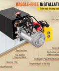 Hydraulic Pump 12V Dump Trailer Pump - Hydraulic Power Unit Double Acting Electric Hydraulic Pump for Dump Trailer Car Lifting, 6QT with SAE #6 Connectors, labeled components and 15 ft cable.