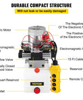 Labeled diagram of Double Acting 4 Way Hydraulic Pump Power Unit With 12V DC Motor 2 GPM Flow 3200 PSI Max For Dump Trailer Lifting And Car Lift