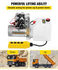 Double Acting 4 Way Hydraulic Pump Power Unit With 12V DC Motor 2 GPM Flow 3200 PSI Max For Dump Trailer Lifting And Car Lift 4.5 Quart Reservoir VEVOR with control remote, used for dump trailer lifting in quarry setting.