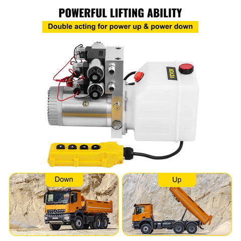 Double Acting 4 Way Hydraulic Pump Power Unit With 12V DC Motor 2 GPM Flow 3200 PSI Max For Dump Trailer Lifting And Car Lift 4.5 Quart Reservoir VEVOR with control remote, used for dump trailer lifting in quarry setting.