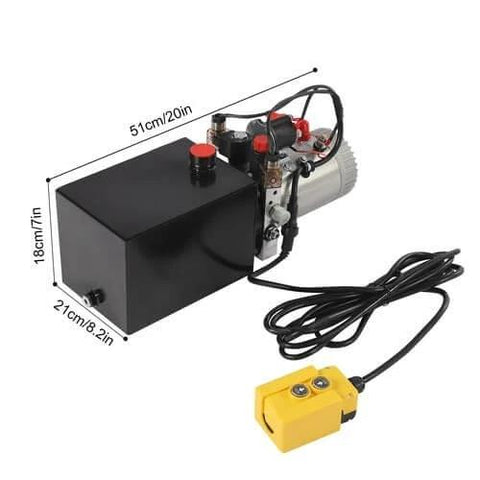 ✝️ 6 Quart Double Acting Hydraulic Pump 12V Hydraulic Power Unit, 3KW motor, suitable for forklifts and dump trucks with dimensions visible