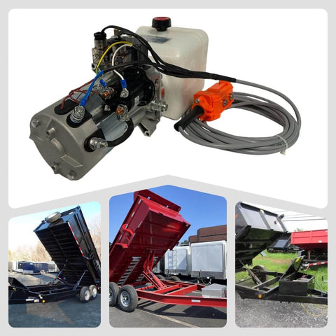 12 Volt DC Double Acting Hydraulic Pump For Dump Trailers With Solenoid Power Unit And 8 Quart Plastic Tank 2100 PSI 1.25 GPM SAE6 Ports Remote Controller Included Compact Electric Hydraulic Power Pack For Popular Dump Trailers