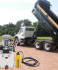 Double Acting Hydraulic Pump 12V DC 4.5 Quart Hydraulic Power Unit 1.6kW 3000RPM 22MPA with truck in background