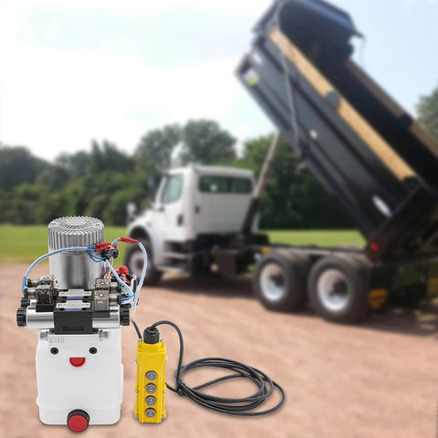 Double Acting Hydraulic Pump 12V DC 4.5 Quart Hydraulic Power Unit 1.6kW 3000RPM 22MPA with truck in background