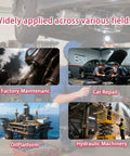 Various applications of hydraulic technology, including factory maintenance, car repair, oil platforms, and hydraulic machinery.