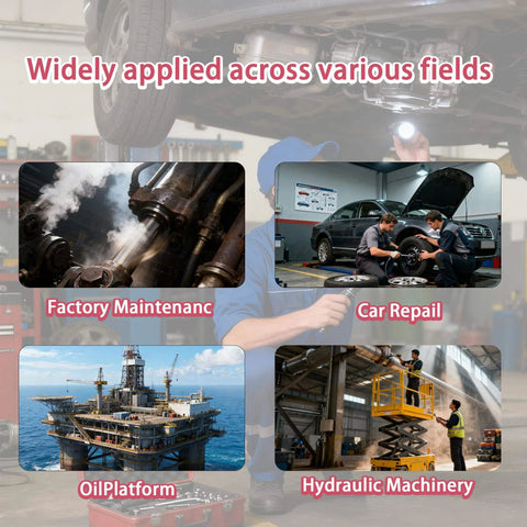 Various applications of hydraulic technology, including factory maintenance, car repair, oil platforms, and hydraulic machinery.