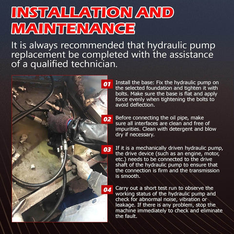 Technician performing installation and maintenance of a hydraulic pump with step-by-step instructions visible