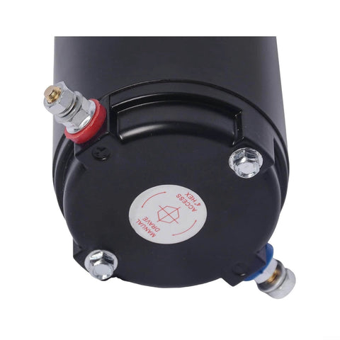 Bottom view of a 179327 Hydraulic Pump Motor 414850 for Unidirectional Power Unit RV Leveling Systems, showing connectors and mounting points.