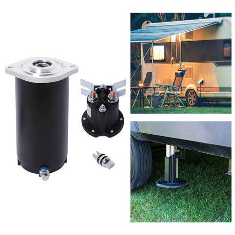 179327 Hydraulic Pump Motor 414850 for unidirectional RV leveling, shown with solenoid and installation example near RV