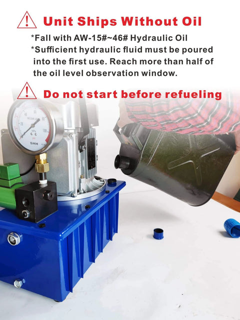 AMZCNC Two Way Electric Hydraulic Pump 10,000 PSI, 110-120V Power Pack, shown with refill instructions and gauge.