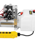 Double Acting 4 Way Hydraulic Pump Power Unit With 12V DC Motor 2 GPM Flow 3200 PSI Max For Dump Trailer Lifting And Car Lift 4.5 Quart Reservoir VEVOR, side view