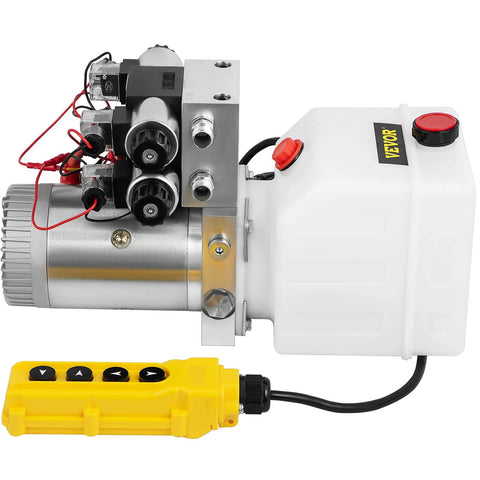 Double Acting 4 Way Hydraulic Pump Power Unit With 12V DC Motor 2 GPM Flow 3200 PSI Max For Dump Trailer Lifting And Car Lift 4.5 Quart Reservoir VEVOR, side view