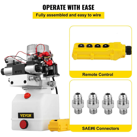 Double Acting 4 Way Hydraulic Pump Power Unit With 12V DC Motor 2 GPM Flow 3200 PSI Max including remote control and connectors
