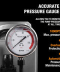 Hydraulic Electric Pump 8.4Quart 2.1Gallon Single Acting Manual Valve 8L Hydraulic Power Pack Cylinder Electric Portable Pump for Single Acting Cylinders, ZCB-700A featuring an accurate pressure gauge showing maximum 10000 PSI.