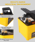 HYDRAULIC PRO 10,000 PSI Air Hydraulic Pump showing aluminum pump core and metal shell, yellow housing, NPT outlets, for industrial use.
