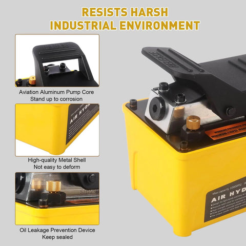 HYDRAULIC PRO 10,000 PSI Air Hydraulic Pump showing aluminum pump core and metal shell, yellow housing, NPT outlets, for industrial use.