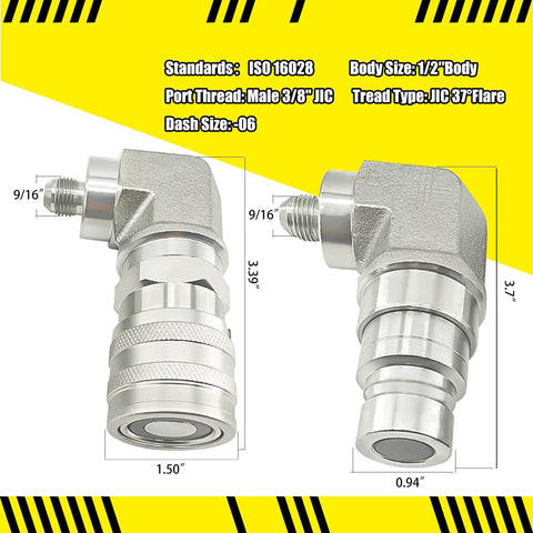 90 Degree Flat Face Hydraulic Quick Connect Coupler Set For Skid Steer With Three Eighths JIC Male Thread And Dust Cap In Beefy Heavy Duty Carbon Steel ISO 16028 Standard Easy Install Secure Connection Precision Fit For Heavy Equipment, showing details and dimensions in front and side view.