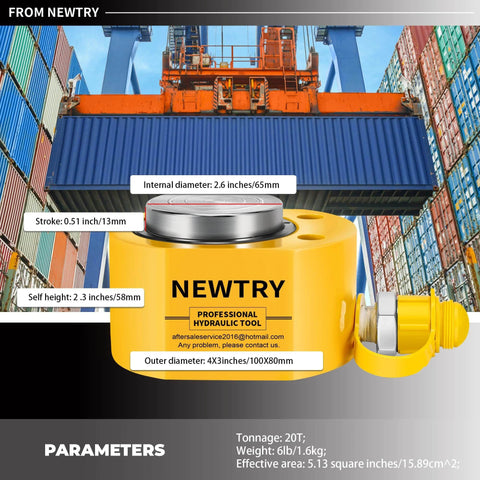 Yellow 20-ton hydraulic ram cylinder jack with dimensions; shipping containers in background; suitable for shipbuilding and construction.