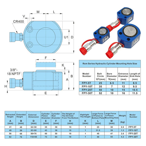 Diagram and specifications of 10T Hydraulic Ram Cylinder Low Profile Hydraulic Cylinder Jack Single Section Mini Jack Ram 12mm Stroke.