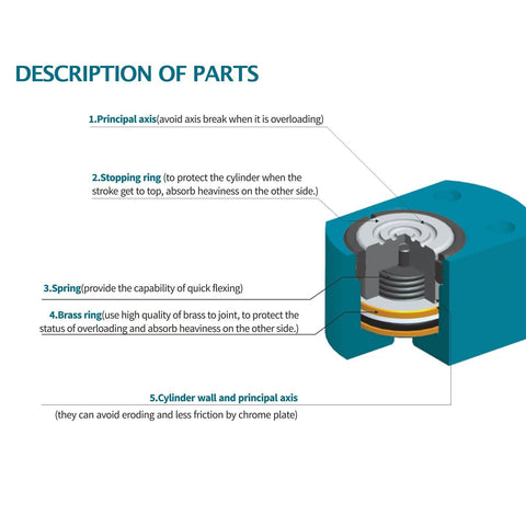 Diagram showing parts of a hydraulic ram cylinder, including principal axis, stopping ring, spring, brass ring, and cylinder wall.