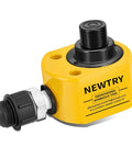 Yellow hydraulic ram jack with visible connectors, labeled "NEWTRY", suitable for machinery, bridge, construction use.