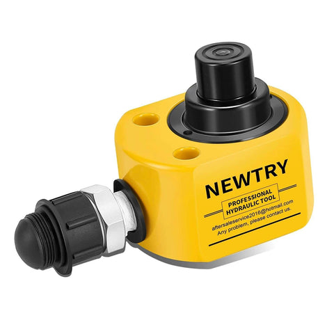 Yellow hydraulic ram jack with visible connectors, labeled "NEWTRY", suitable for machinery, bridge, construction use.