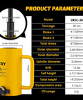 Product specifications of Beefy Twenty Ton Hydraulic Ram Jack With Eight Inch Stroke For Portable Industrial Lifting Multi Section Cylinder Built Tough For Auto Repair Construction And Shop Maintenance Three Eighth Inch Connector Newtry, showing dimensions and weights.
