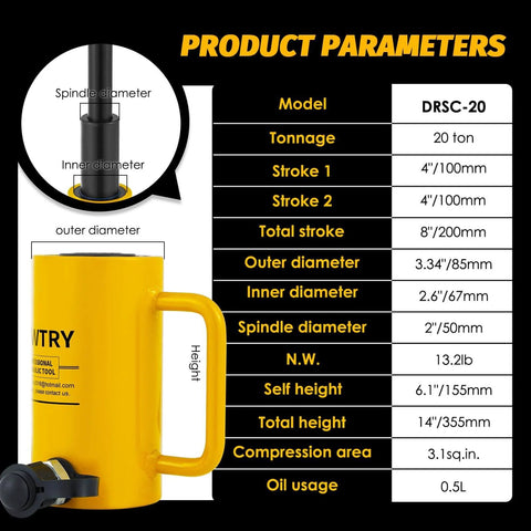 Product specifications of Beefy Twenty Ton Hydraulic Ram Jack With Eight Inch Stroke For Portable Industrial Lifting Multi Section Cylinder Built Tough For Auto Repair Construction And Shop Maintenance Three Eighth Inch Connector Newtry, showing dimensions and weights.
