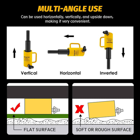 Multi-angle use diagram for Beefy Twenty Ton Hydraulic Ram Jack With Eight Inch Stroke For Portable Industrial Lifting