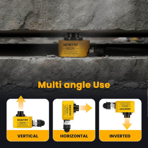 10 Ton Hydraulic Ram Jack With Low Profile Multi Section Cylinder 1 Inch Total Stroke Portable Workhorse for Machinery Bridges and Construction Projects Newtry shown from side view in use supporting concrete at multiple angles.
