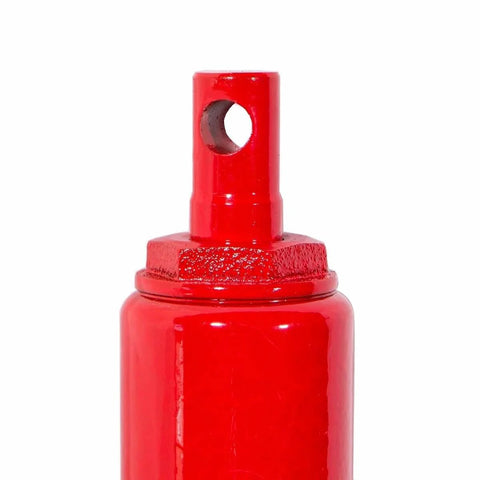Close-up of BeefedUp 8 Ton Hydraulic Ram Engine Lift Hoist clevis base and handle, red finish, cherry picker style.