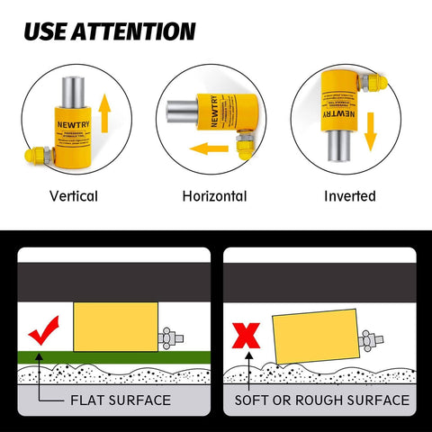 Usage instructions for 10 ton Hydraulic Ram Jack Cylinder showing vertical, horizontal, and inverted positions on different surfaces.