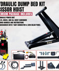 Primary Mover (PF-520-PK) Hydraulic Scissor Hoist Kit and components for dump trailer bed shown in package layout with hydraulic pump.