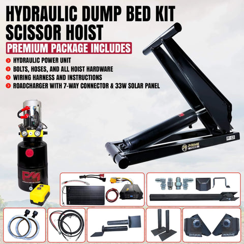 Primary Mover (PF-520-PK) Hydraulic Scissor Hoist Kit and components for dump trailer bed shown in package layout with hydraulic pump.