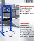 Hydraulic Shop Press, 20 Ton H-Frame Garage Floor Adjustable with Pressure Gauge and Stamping Plates, dimensions labeled